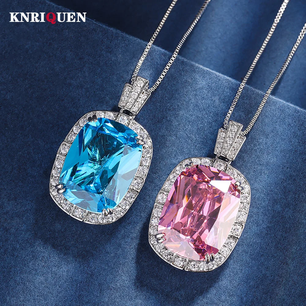 

Vintage 15*20mm Aquamarine Pink Quartz Pendant Necklaces for Women Lab Diamond Gemstone Cocktail Party Fine Jewelry Wholesale