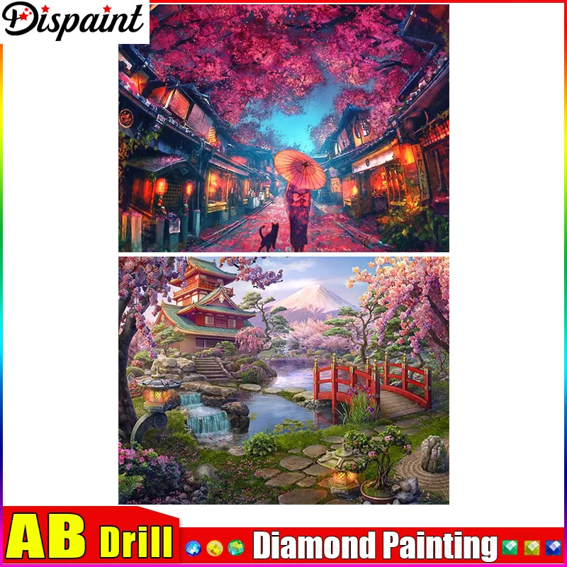 

Dispaint AB 5D DIY Алмазная вышивка Полный дисплей "Дом Сакура Мост" Алмазная картина Квадратные/круглые стразы Декор Искусство