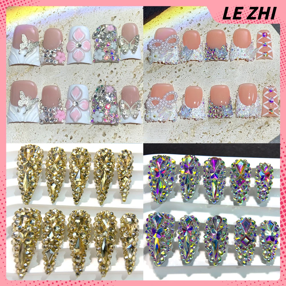 

Spice Girl Handmade Duckbill Long Stiletto Press On Nails Sparkling Diamond Flower Pearl Butterfly Wearable French False Nail