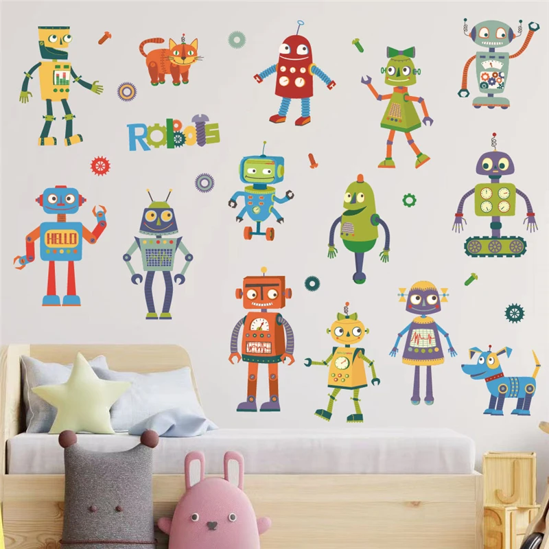 Funny Animals Robots Pattern Wall Sticker For Kids Room Bedroom Home Decoration Diy Cartoon Mural Art Pvc Decals Boys Posters