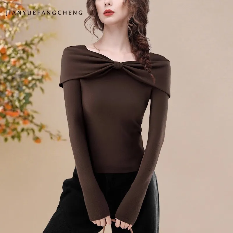 

Fashion Stretching Skinny Off Shoulders Women' Knit Shirt Long Sleeve Slash Neck Pullovers Fall Winter Bottoming Blouses