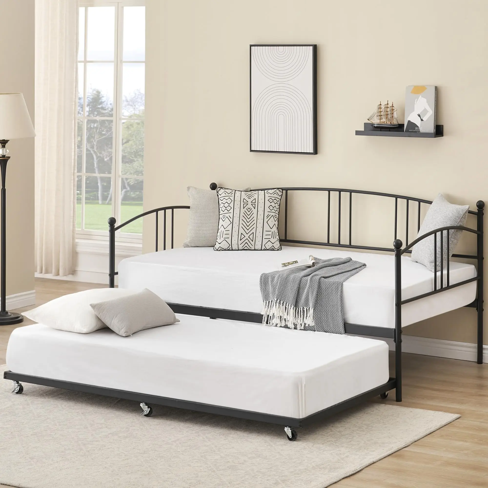 Twin Daybed with Trundle, Metal Twin Size Daybed with Pullout Trundle 6 Casters, Steel Slat Support Sofa Bed for Living