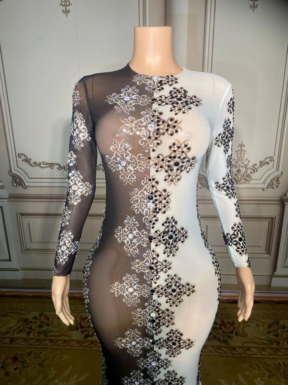 Customized Long Sleeve Feather Streaking lace  High Elastic Sequins Sexy Tight Dress Birthday Party  Dress Performance Dress