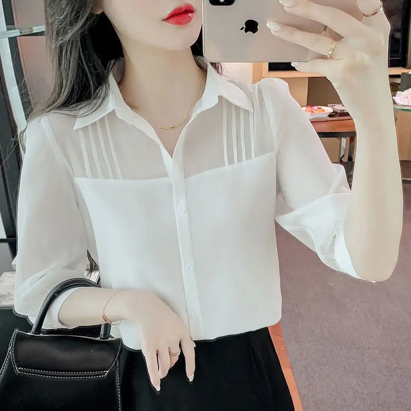 

Chiffon Patchwork White Shirt for Women Summer New Polo Neck All-match Solid Color Elegant Blouse Fashion Temperament Clothing