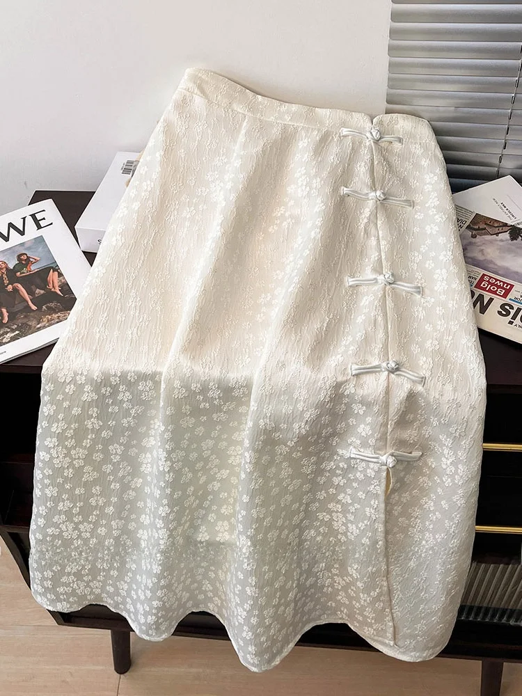 Ele brodé blanc jupe asymétrique Fem été nouveau chinois Sle boutonné taille haute a-ligne Hanfu Ma visage jupe