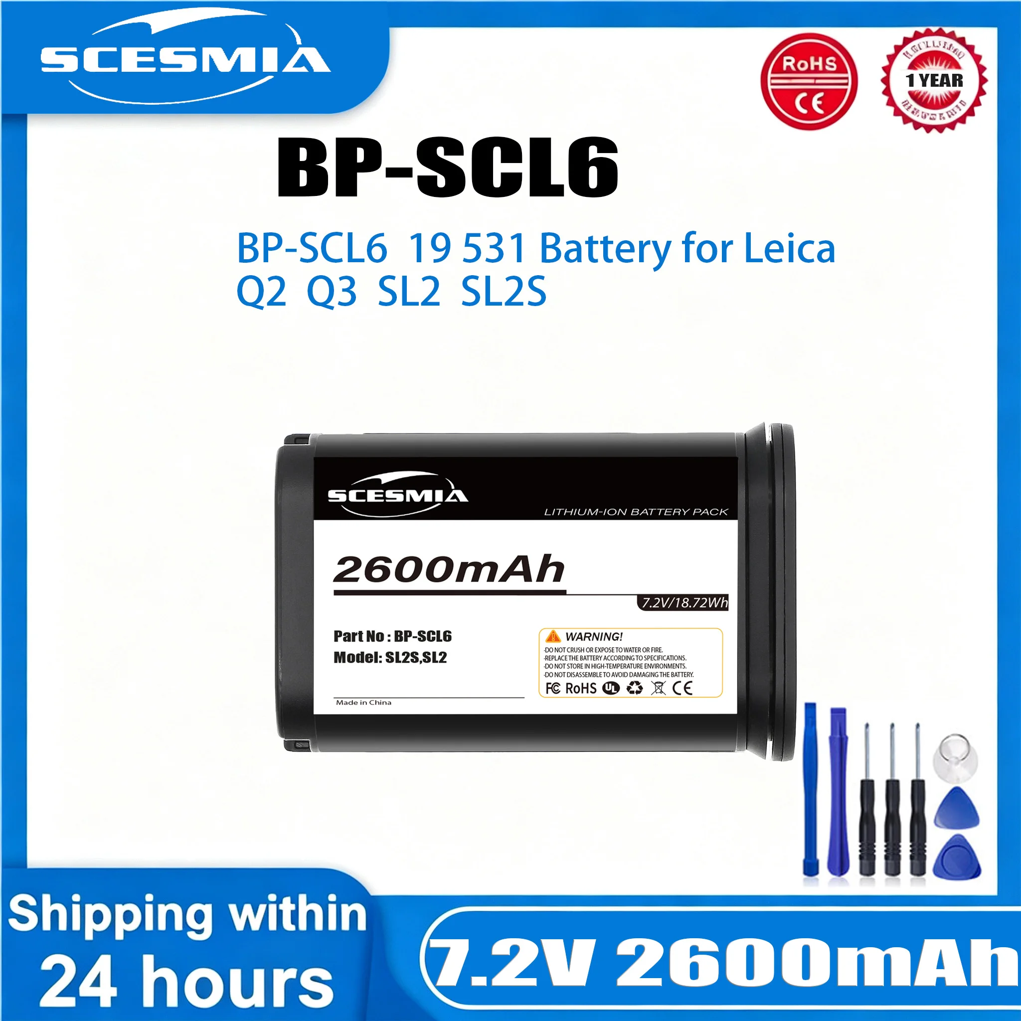 

Camera Battery 19 531,BP-SCL6,LC-SCL6 for Leica Q2, Q3, SL2, SL2S 7.2V 2600mAh