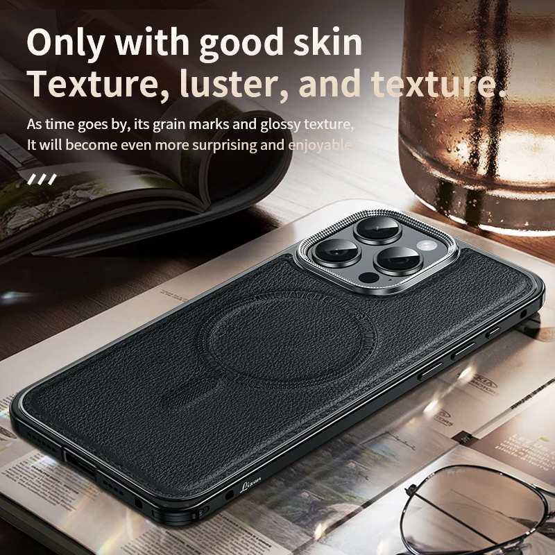 Magnetic Leather Phone Case For Iphone 14 15 Pro Max Metal Frame Phone Cover Business Leather Magsafe Shell For IPHON 15 Promax