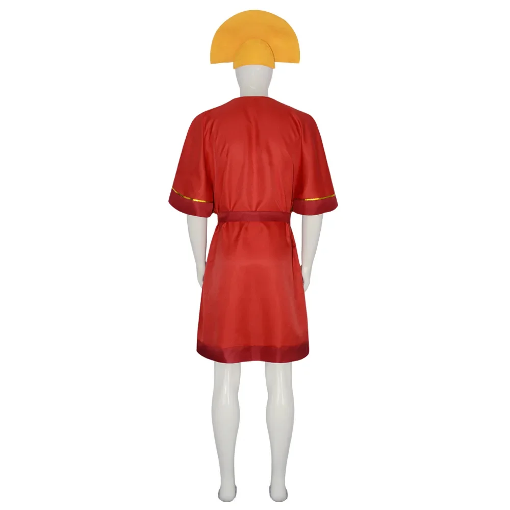 Anime Keizer Kuzco Cosplay Kostuum Koning Rode Jumpsuit Gele Hoed Riem Outfits Met Mannen Halloween Fancy Uniform