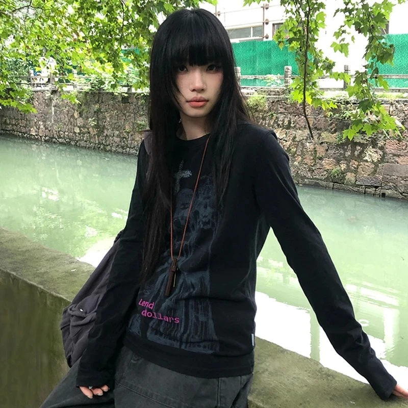 

2025 Japanese Y2k Anime Print Tees Vintage Harajuku Long Sleeve T Shirt Aesthetics Streetwear American Retro Printed Letter Tops