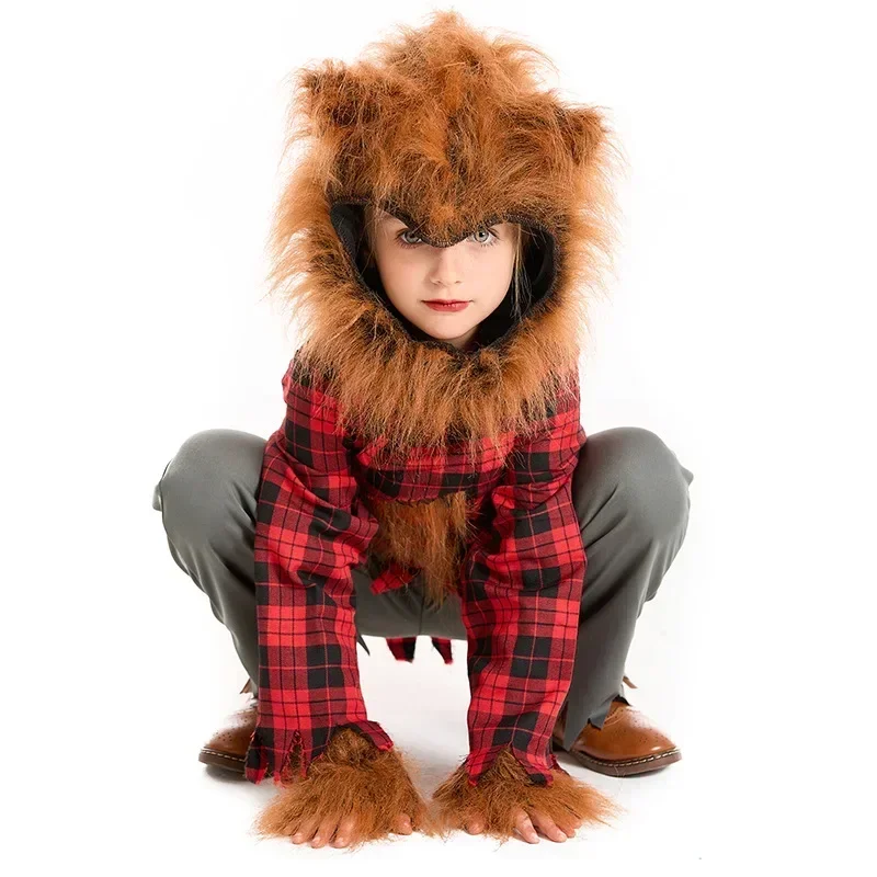 Disfraz de hombre lobo de Halloween para niños y niñas, disfraz de Animal, pequeño lobo rojo, Cosplay de lobo gris grande, disfraz de Wolfman feroz