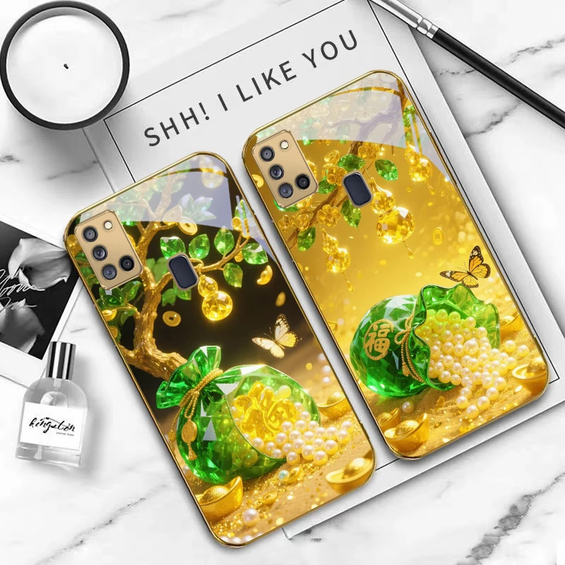 الأخضر لطيف محظوظ حقيبة لسامسونج A 70 71 72 73 14 15 13 16 25 A26 31 32 33 34 35 50 51 52 53 54 55 56 الزجاج الذهبي جراب هاتف