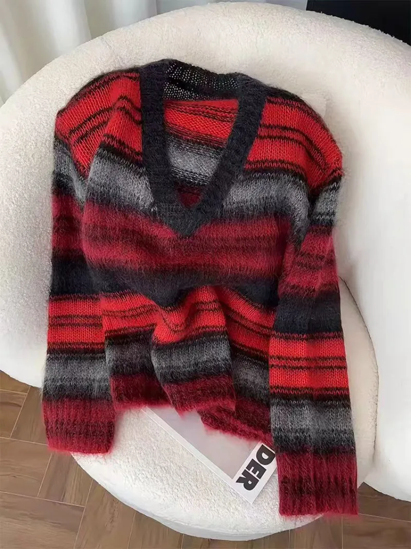 

French Contrast Color V-neck Striped Knitted Sweater for Women 2025 Autumn Winter Long Sleeve Loose Jumpers Korean Office Lady