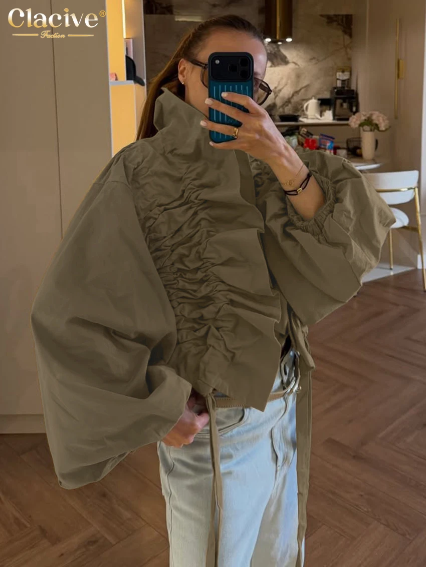 Clacive Fashion Loose Green Cotton Women Blouse Winter Turtleneck Long Sleeve Shirt Elegant Classic Drawstring Top Female Cloth