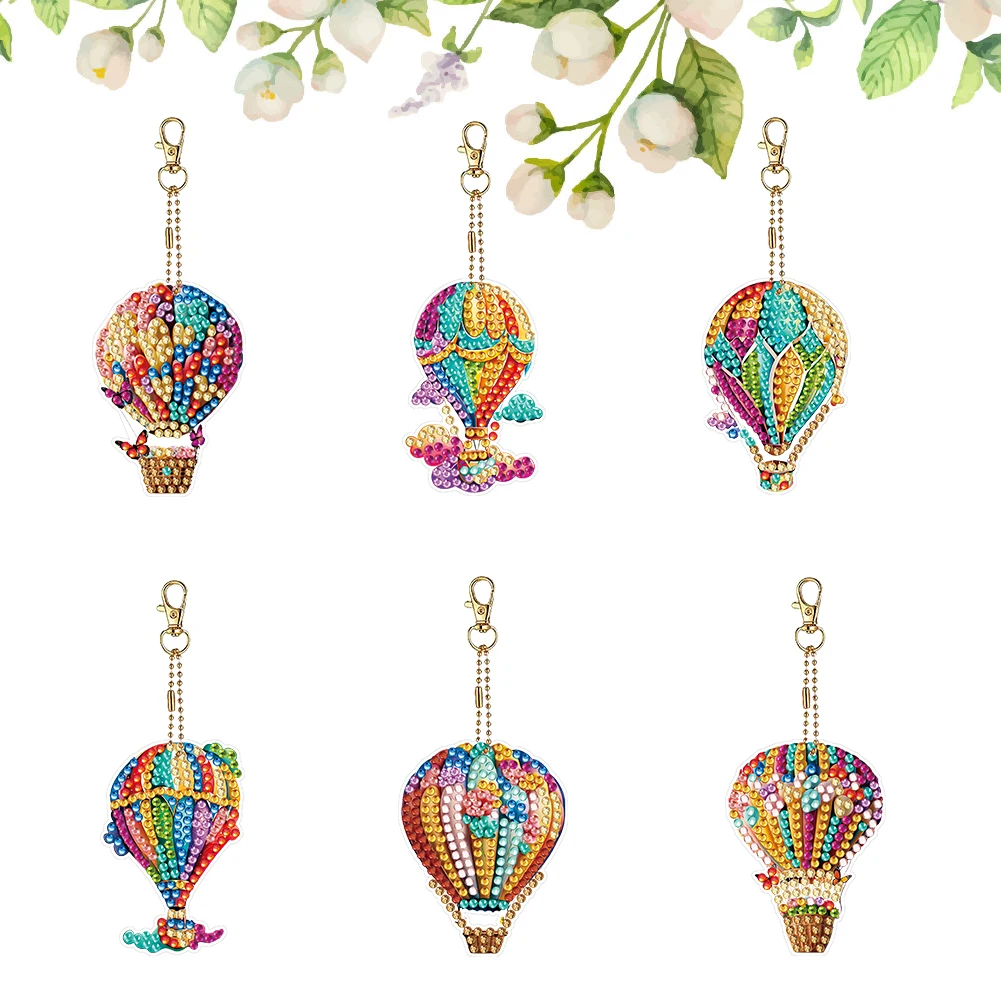 6Pcs Acrylic Double Sided Colorful Hot Air Balloon Diamond Painting Keychain Rhinestone Painting Keychain Pendant for Adults
