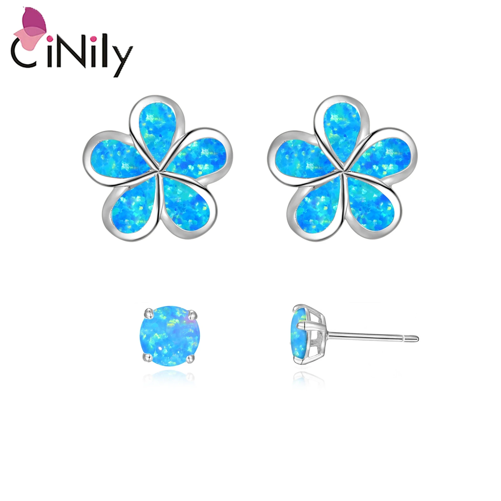 CiNily 2 Pair of Pink Fire Opal Stud Earrings Silver Plated Flower Earring& Small Round Earring Bohemia Boho Summer Chic Jewelry