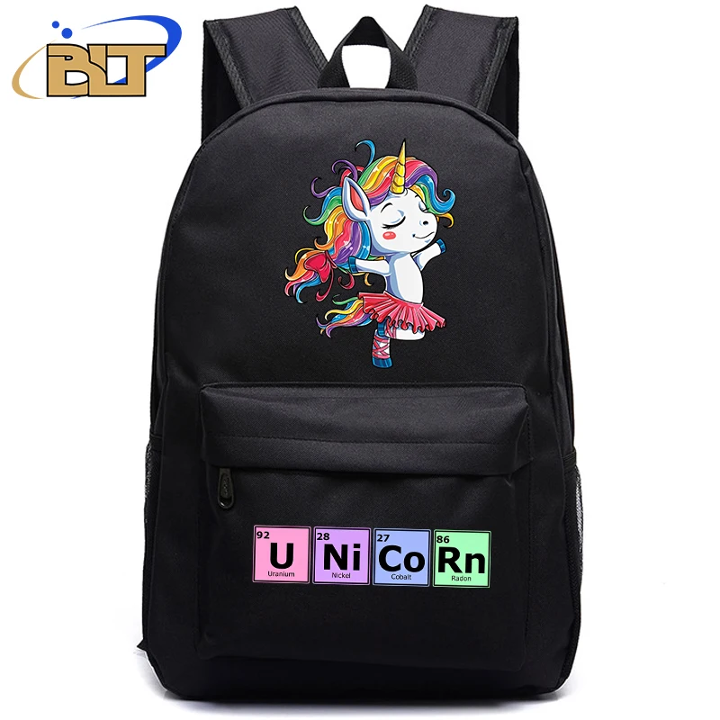 Mochila negra con estampado de unicornio para niños, bolsa escolar para estudiantes, regalo de regreso a la escuela