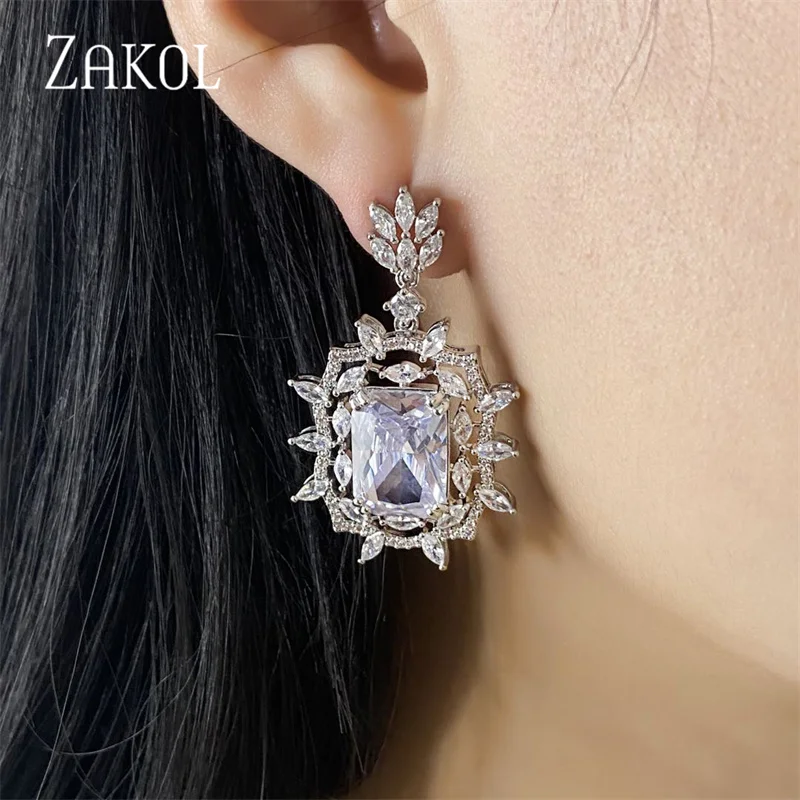 ZAKOL Gorgeous Princess Big Square Light Blue Cubic Zirconia Drop Earrings for Women Fashion Luxury Wedding Engagement Jewelry