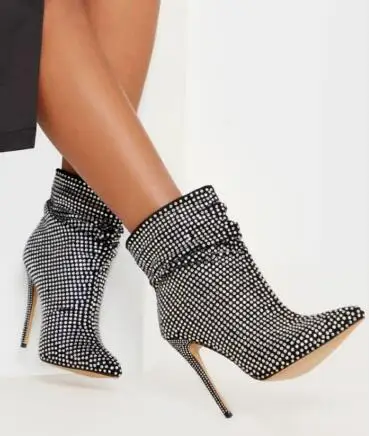 

Luxury Women Black Full Crystal Rhinestone Pointed Toe Pleated Thin Heels Ankle Boots Lady Stiletto Modern Short Boots Shoes