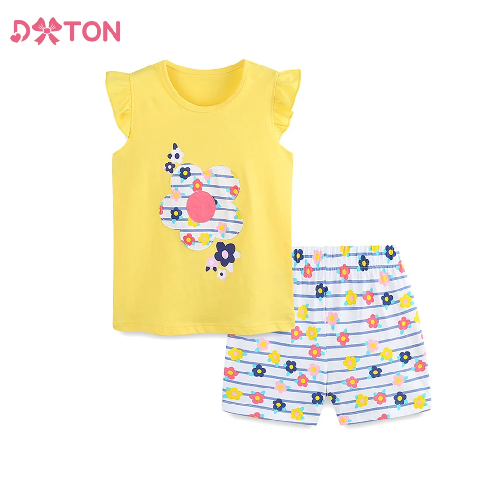 

DXTON Хлопковые детские футболки без рукавов + шорты для отдыха с цветочным принтом, детский костюм из 2 предметов для девочек, летняя повседневная одежда для девочек, костюм