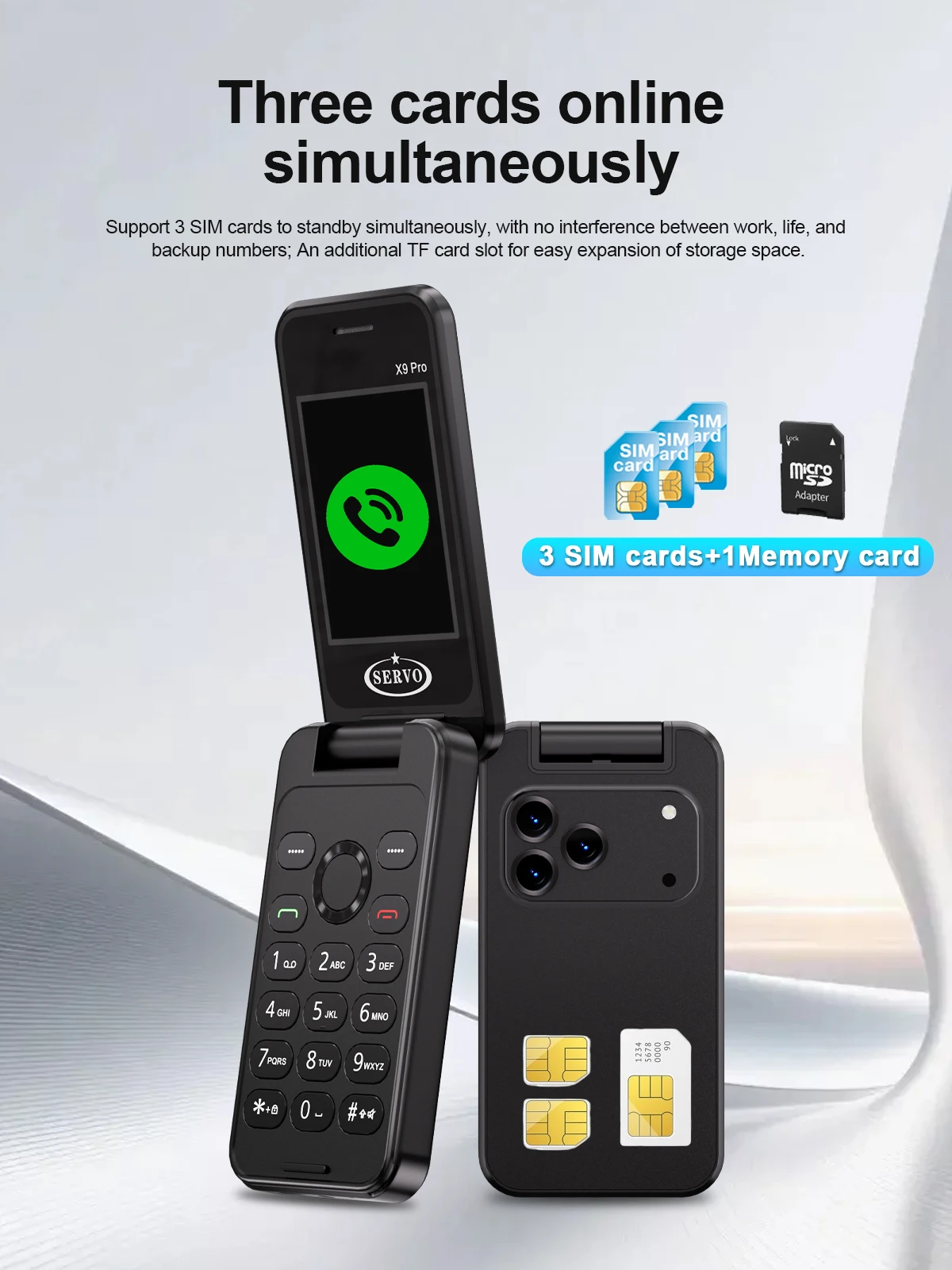 SERVO X9 PRO Foldable Mobile Phone 2G Three SIM Standby 2.4"Display Speed Dial Call Recording FM Radio Button Flip Cellphones
