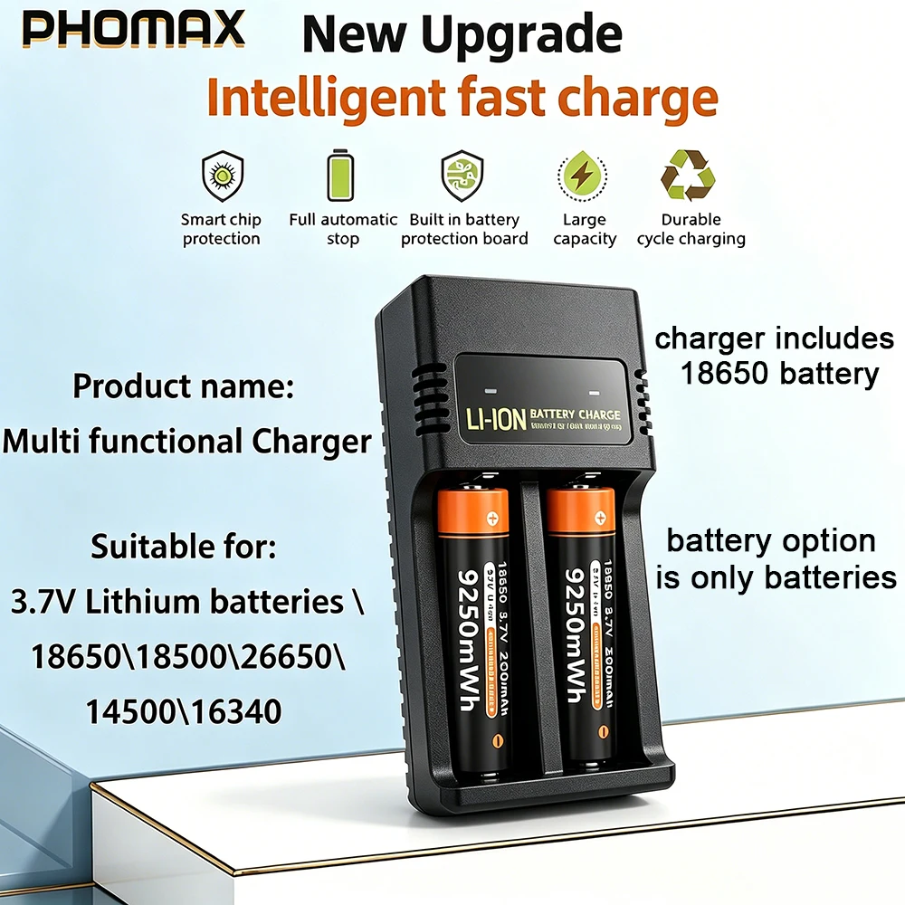 PHOMAX 18650 Lithium Battery 100% New Flashlight 18650 Rechargeable Battery 3.7V 9250mWh Used for Flashlight Mini Fan