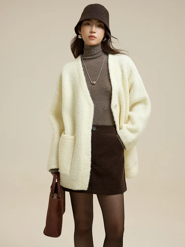 Winsleter-100%ウール エレガント セーターコート、Vネック ポケットボタン、レディースファッション 多用途 厚手カーディガン、2025年秋 C5N448CC