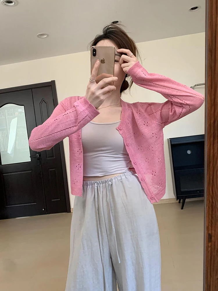 เสื้อคาร์ดิแกนถักแบบโปร่งสไตล์ฝรั่งเศส แขนยาว คอกลม ทรงหลวม แฟชั่นเรียบง่าย สไตล์ลำลอง สำหรับผู้หญิง ใส่แล้วดูผอมเพรียว เหมาะสำหรับฤดูใบไม้ร่วง