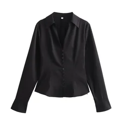 Taop&Za 2024 Spring Elegance Versatile Black Single breasted V-neck Slim Fit Long sleeved Shirt for Women