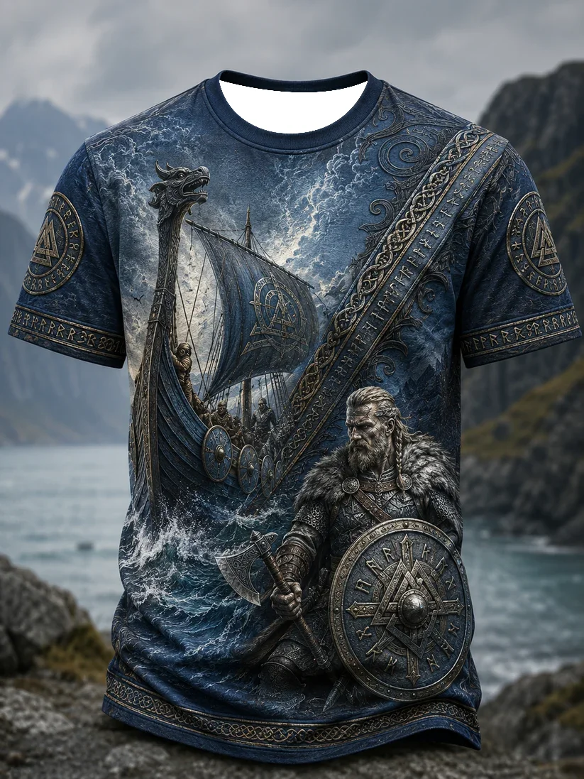 2027 Summer Best-selling Outdoor Men's Retro Danish Viking Style 3D Printed Breathable Quick-Drying T-Shirt Family Style Shirt