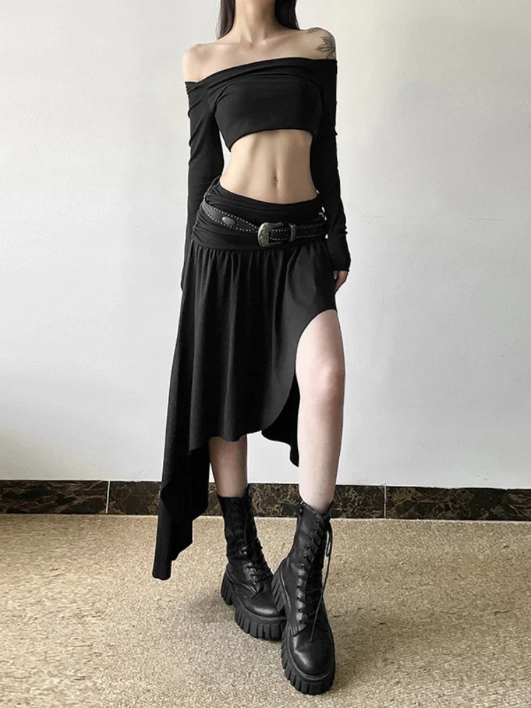 AltGoth Emo Alt Gothicกระโปรงผู้หญิงHarajuku Streetwear Y2kสูงเอวไม่สม่ําเสมอHemกระโปรงVINTAGE Mall Gothic Cyber Punkกระโปรง