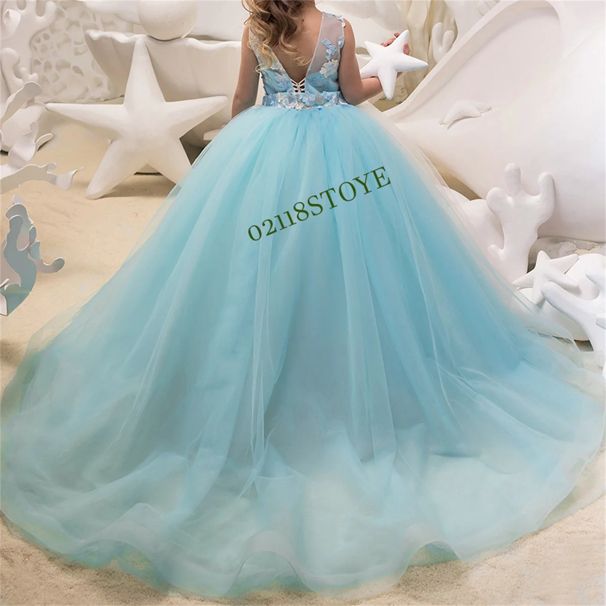 Contrast Blue White Flower Girl Dress Kids Princess Sleeveless Applique Floor Length Wedding Dance Beach Prom Ball Gown Dress