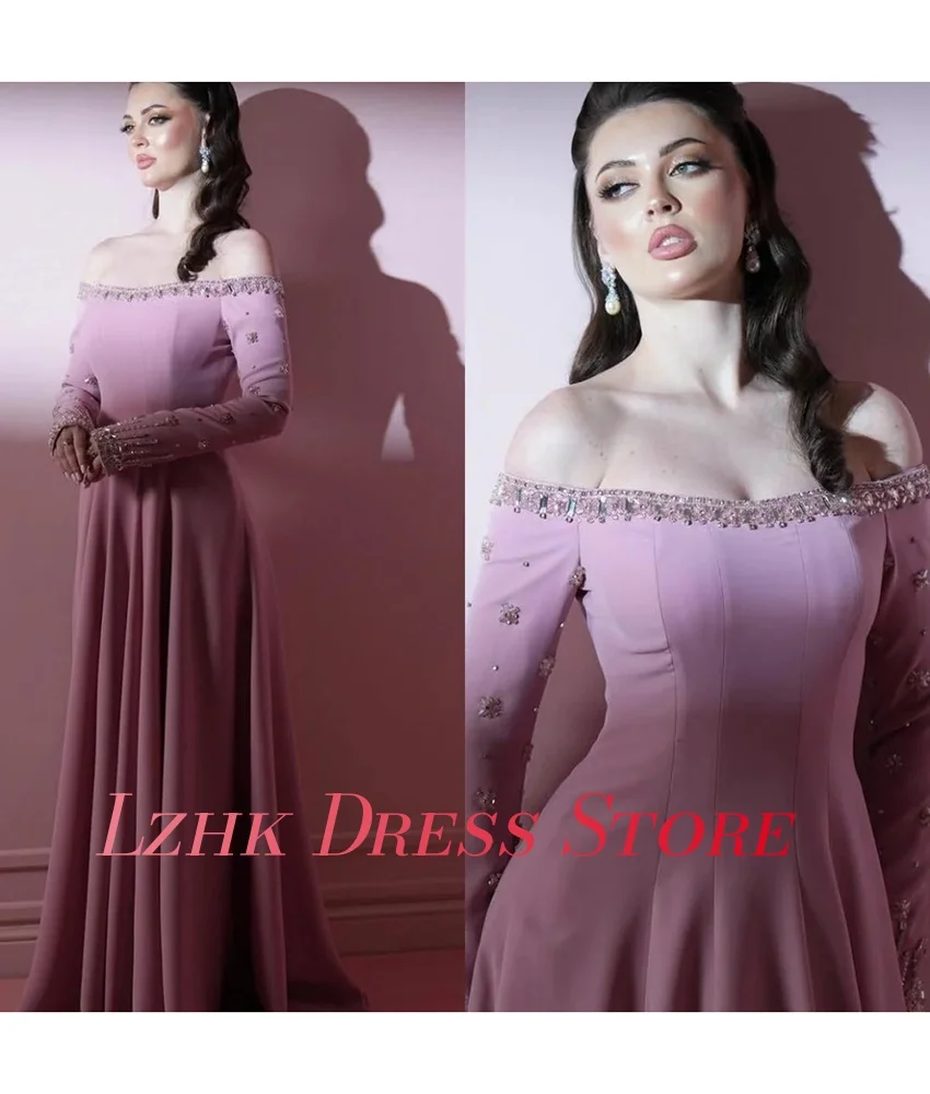 Abito da sera con perline di cristallo con paillettes e spalle scoperte in jersey squisito personalizzato Abiti da ballo sexy a maniche lunghe