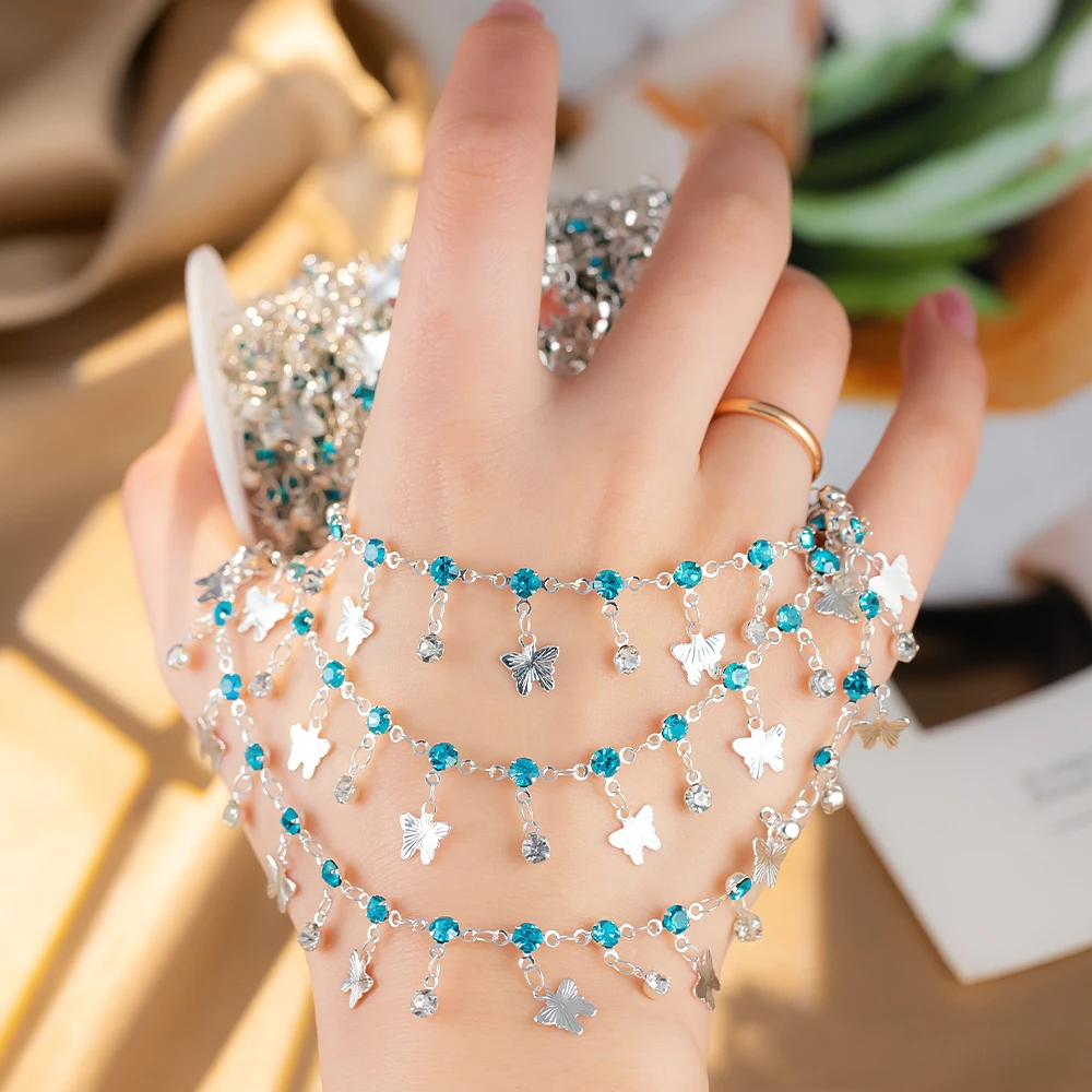 50cm 100cm Butterfly Charms Chains Blue Crystal Beaded Copper Chain For Clothing Bracelet Necklace Jewelry Making DIY Supplies