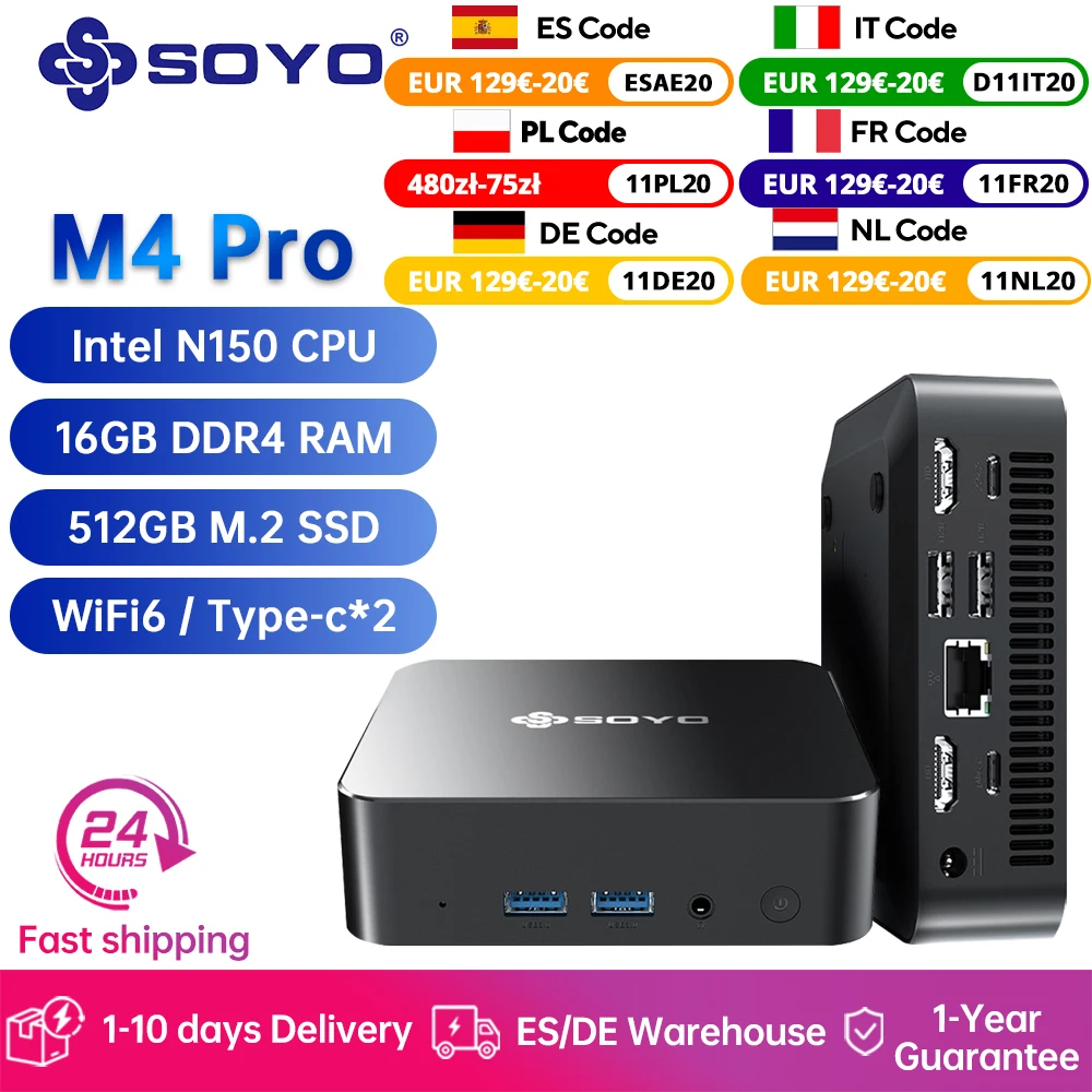 SOYO Mini PC M4 PRO Mini Computer Inter N150 CPU 16GB DDR4 512GB SSD TypeC * 2 4K Dual HDMI WiFi6 BT5.2 Win11 Pro Computer Desktop