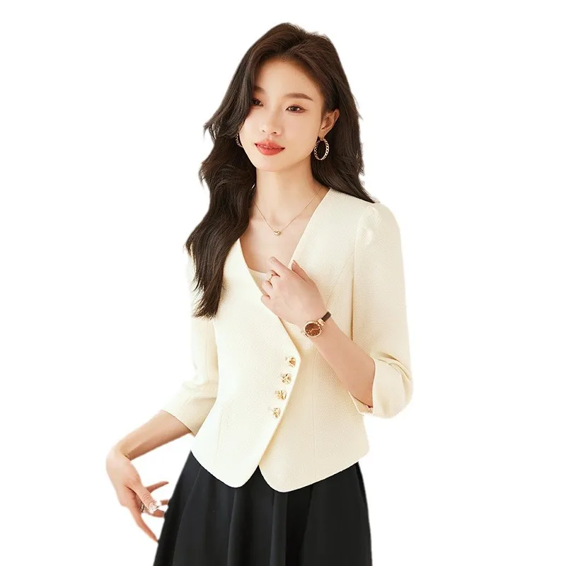 Collarless Small Suit Jacket for Women2024New Spring and Summer Design Short 3/4 Sleeve Suit Skirt Two-Piece Set