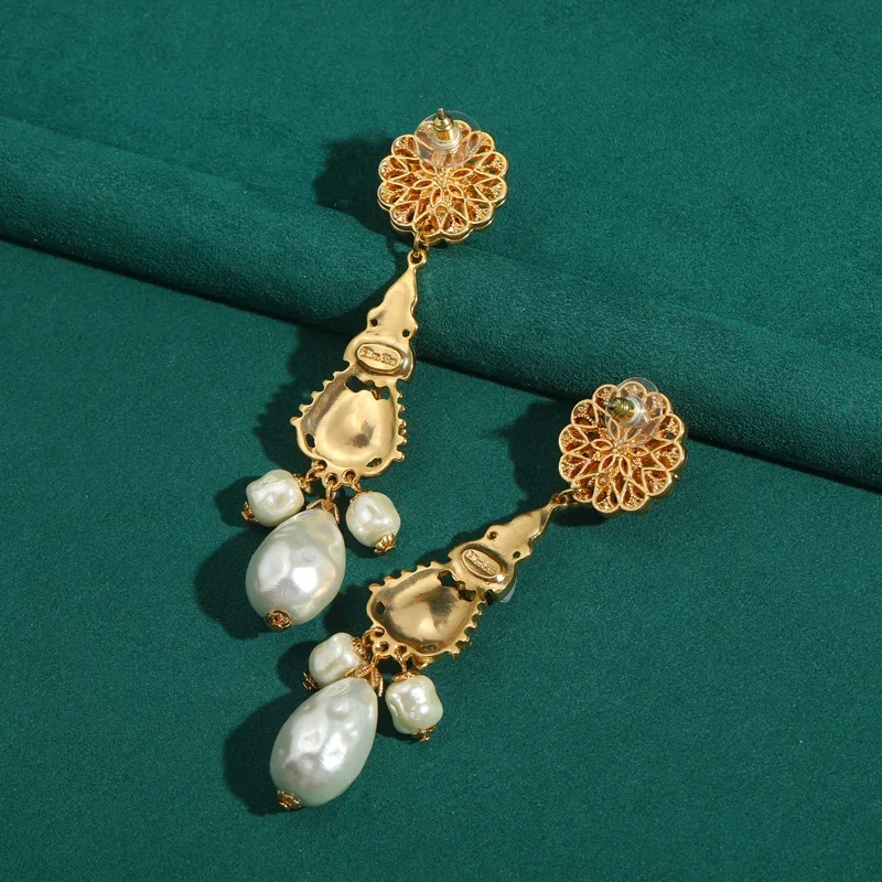 الباروك نمط أقراط اللؤلؤ المياه العذبة قطرة الماء استرخى سحر طويل الذهب اللون الراين امرأة اكسسوارات خمر مجوهرات