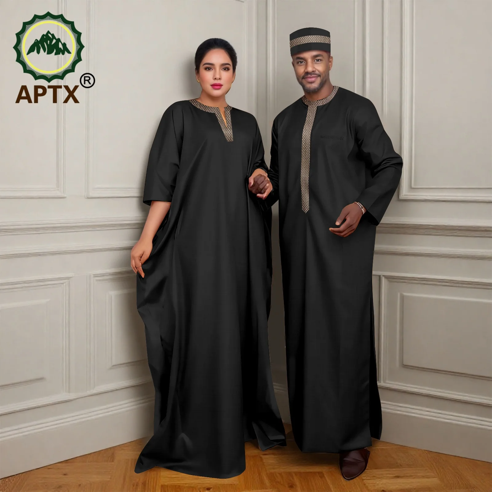 

Женский мусульманский комплект одежды APTX: платье и халат с длинными рукавами, позолоченное кружево, исламская вышивка, модель 25C109