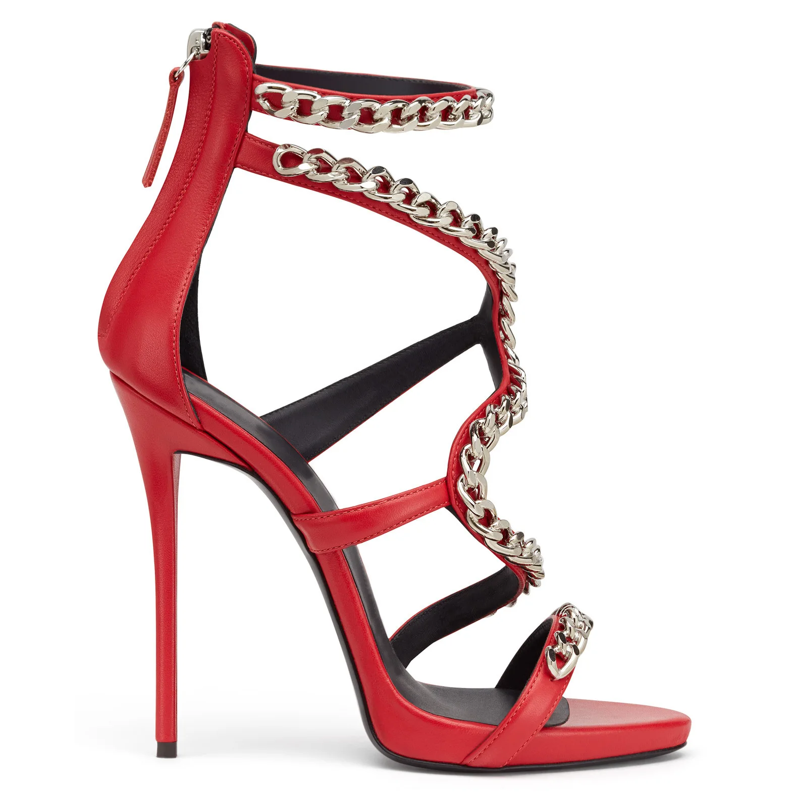 

Metal Chain Decor Hollow Sandals Woman Open Toe Stiletto High Heel Back Zipper Red Solid Sexy Fashion Party Banquet Women Shoes