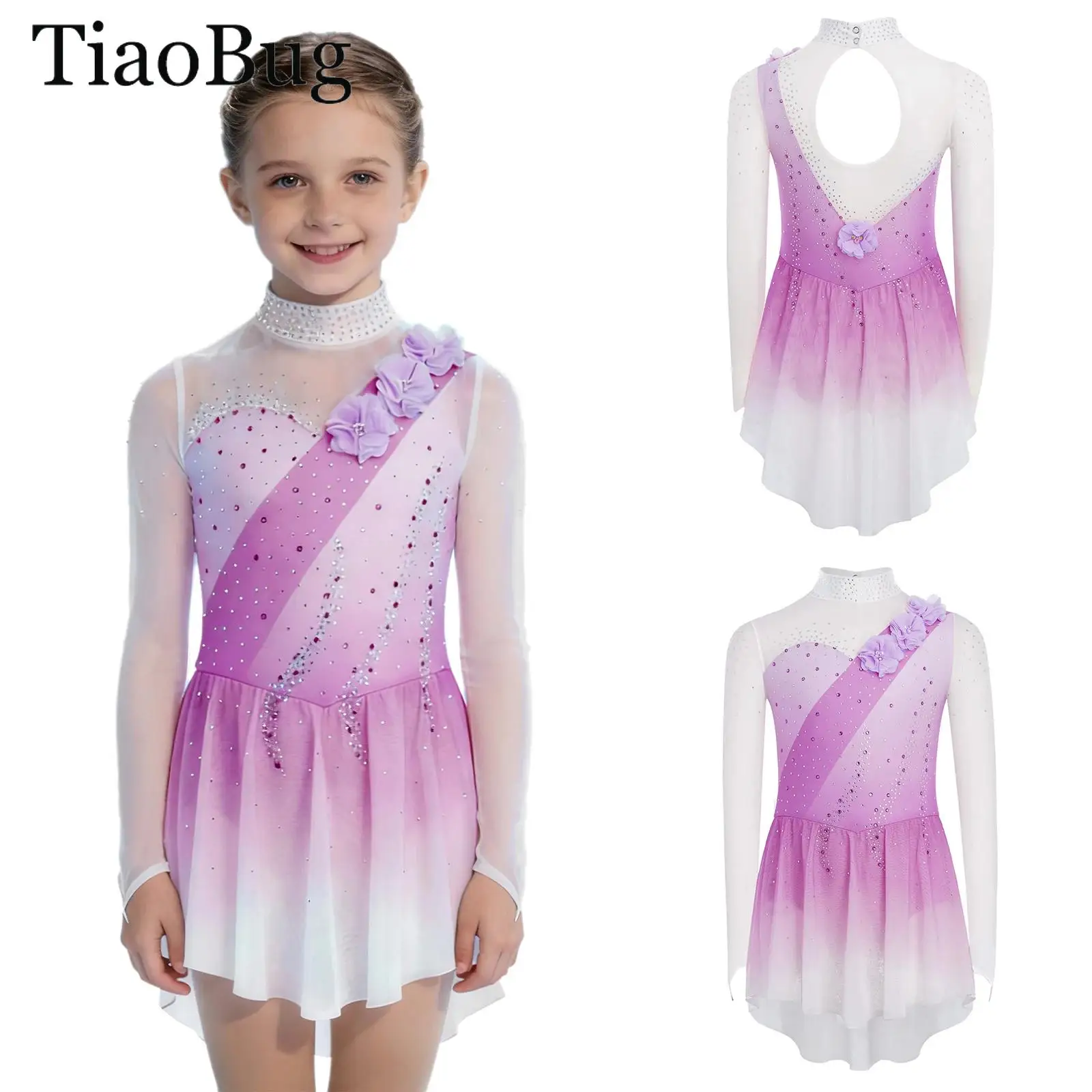 

Girls Gymnastics Ballet Tutu Leotard Dress Sheer Mesh Long Sleeves Flowers Rhinestone Gradient Color Figure Ice Skating Dresses