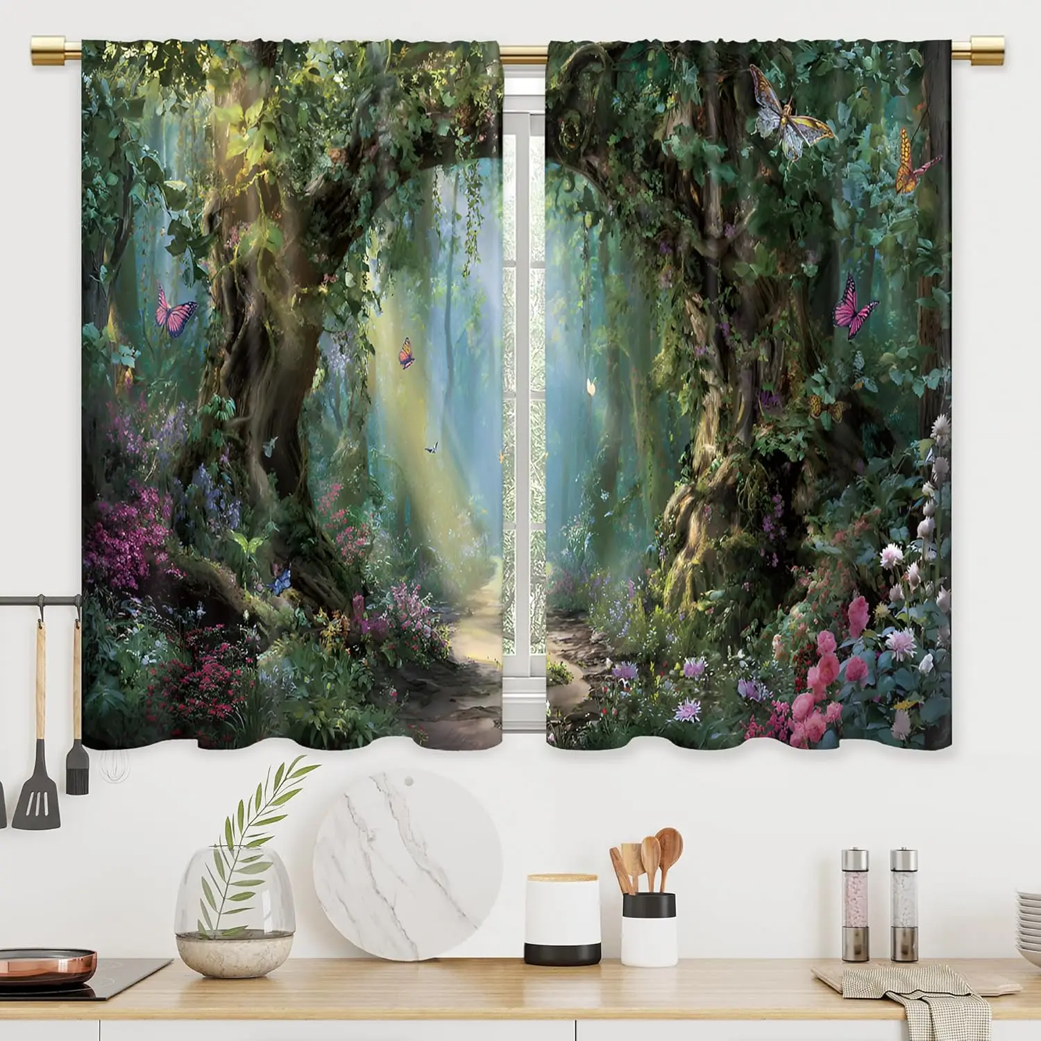 Enchanted Forest Floral Botanical Curtain Drapes Nature Jungle Woodland Wallpaper Design Window Decor Boho Chic Home Decor Gift
