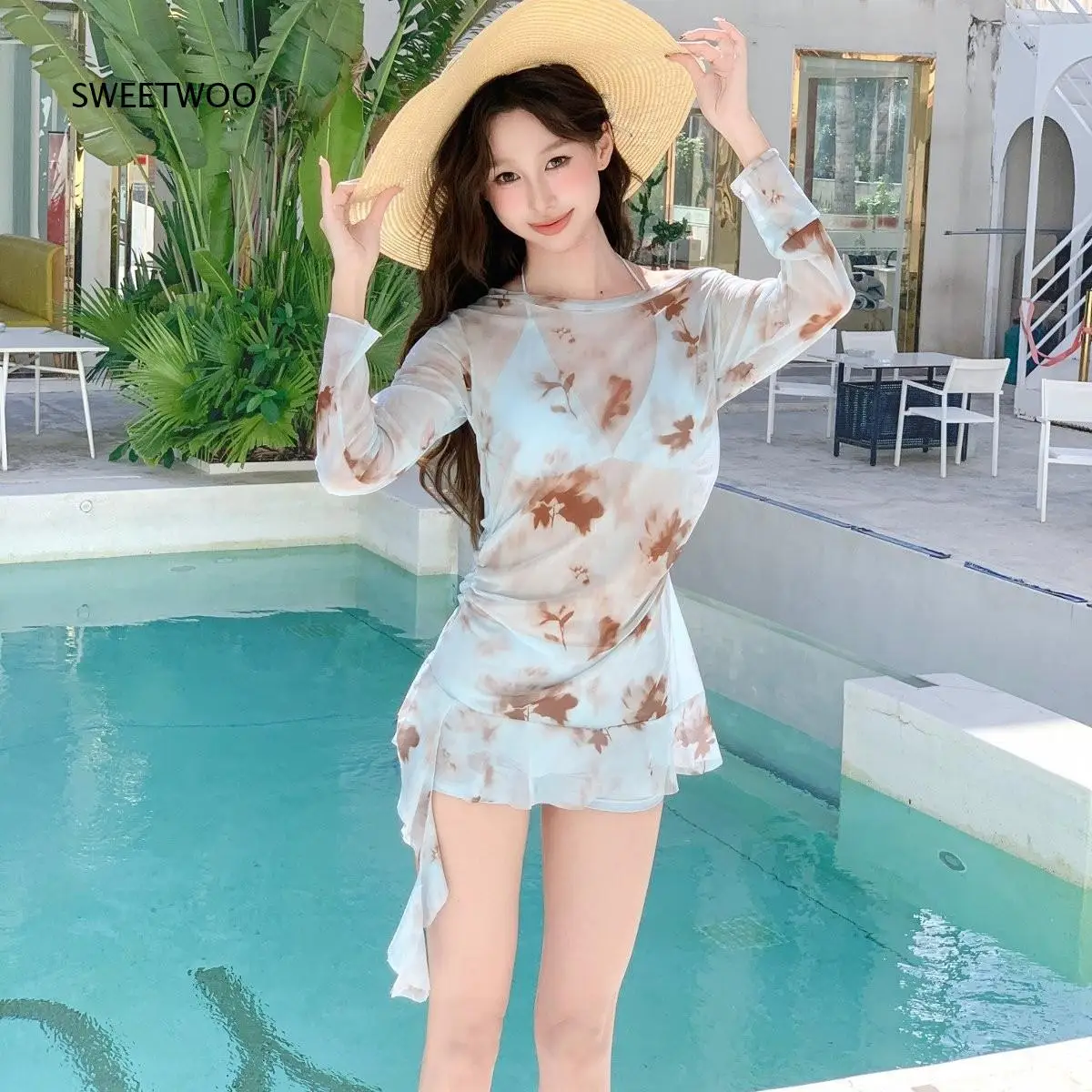 Women 3 Piece Tie Dye Swimsuit Set Long Sleeve Sheer Mesh Cover Up Dress Bikini Top And Boyshort Bottom For Swimming Pool