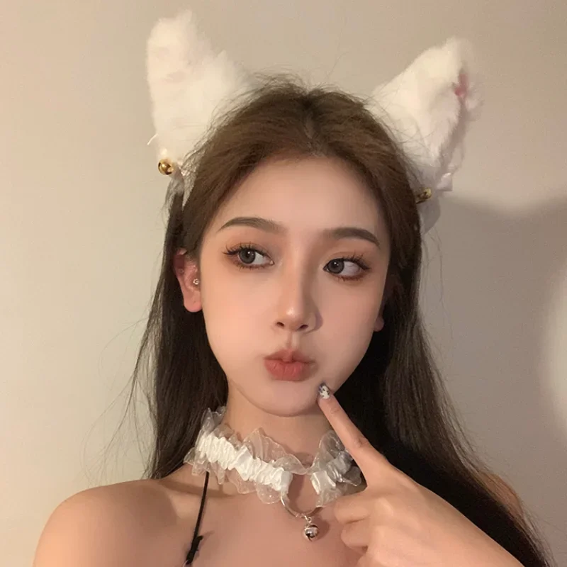 مثير Kawaii آذان القط عقال النساء الفتيات مقوس دانتيل قلادة أفخم جرس هيرباند تأثيري هالوين زي حفلة إكسسوارات الشعر