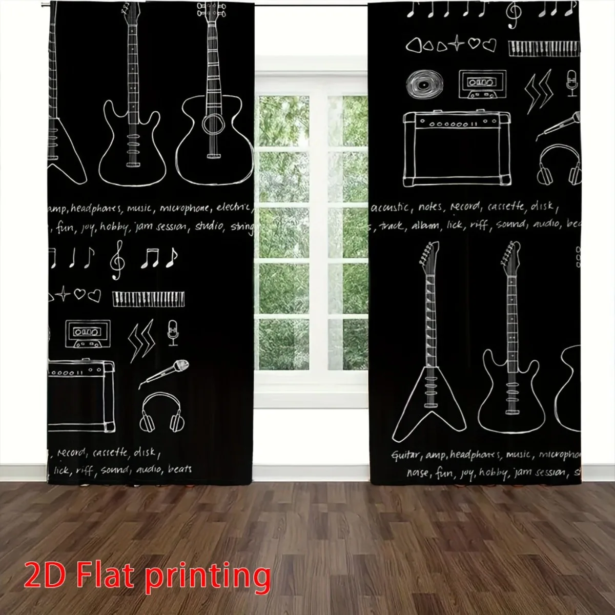 Rock Music Guitar Curtains, Vintage Instrument Print Blackout Drapes, Band Decor for Studio Bedroom Living Room Window Treatment
