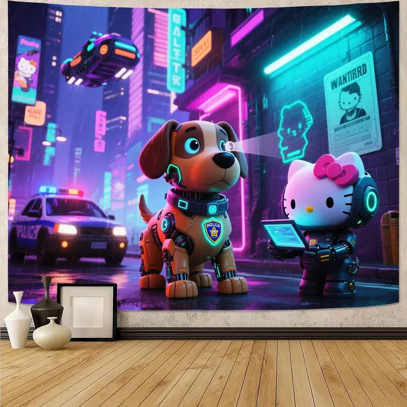 

1 шт., гобелен «Hello Kitty Cyberpunk Robot Dog», неоновый город, детектив, настенное искусство, полиэстер, современный декор комнаты, подарок для научно-фантастического игрового вентилятора