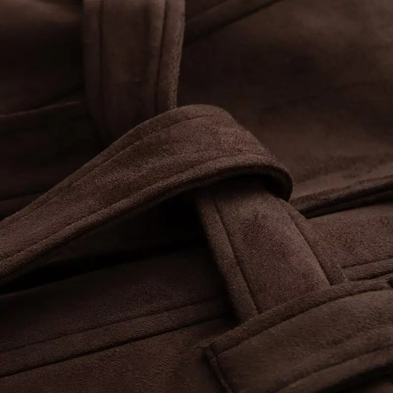 레이스업 가을 여성 스웨이드 재킷 브라운 라펠 칼라 허리 조임 스플라이스 아우터웨어 여성용 슬라우치 스타일 스트리트 여성 코트