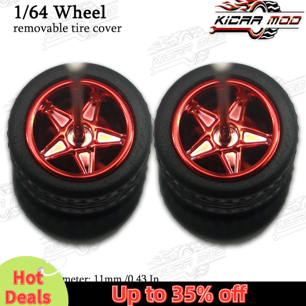 1/64 Model Car Wheels with Rubber Detachable Tires Pentagram 2 Refitting Parts for Diecast Toys Hot Wheels Matchbox D:11mm 1 Set