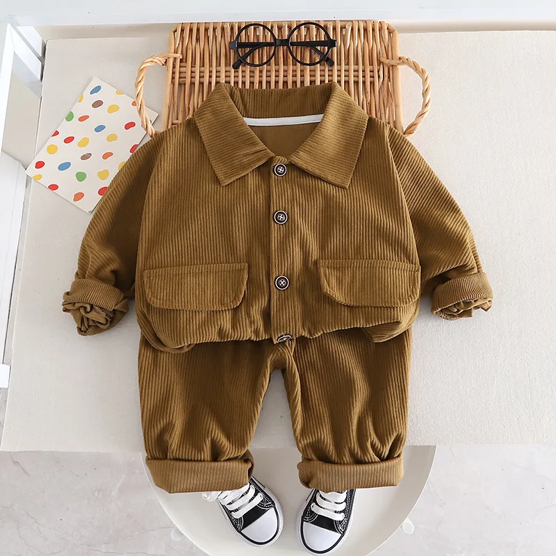 Spring and Autumn Boys Set Casual Lapel Solid Color Boys Coat+Pants 2 Piece Children Clothing Set