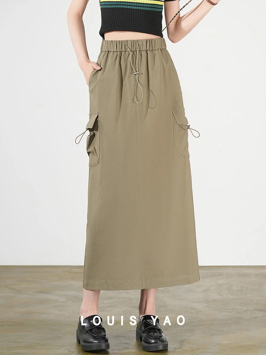 LOUIS YAO Workwear Style Midi Skirt 2025 Summer Fashion Pocket Decoration Elastic Waistband High Waist Slit Women's Long Skirt