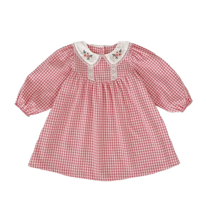2026 Spring and Summer New Hot Selling Checkered Small Fresh Doll Collar Embroidered Small Flower Dress