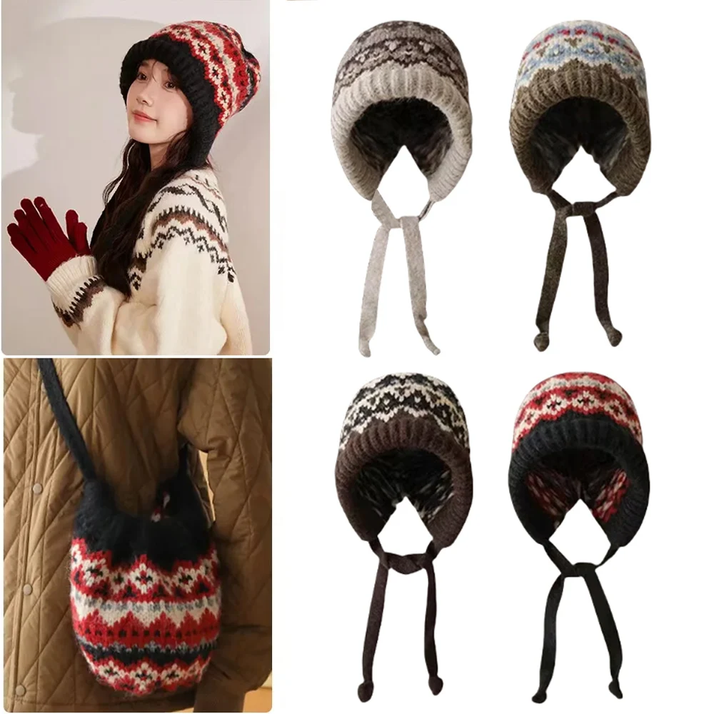 Hot Sale Winter Windproof Hats Outdoor Knitted Cap Ladies Warm Ski Snow Beanies Girls Crochet Hat Thickened Pullover Strap Caps